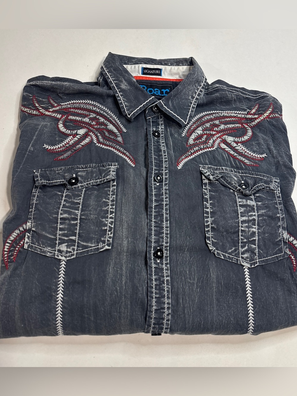 Roar Charcoal Embroidered Y2K Denim Western Shirt XL
